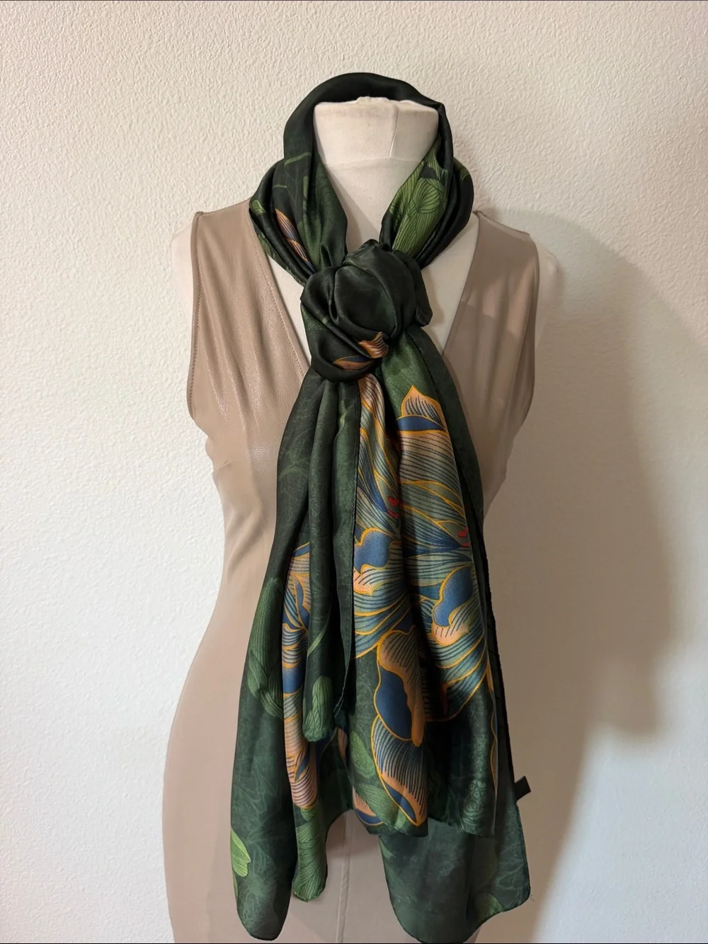 Green Floral Silk-Feel Scarf - Elegant Women’s Accessory